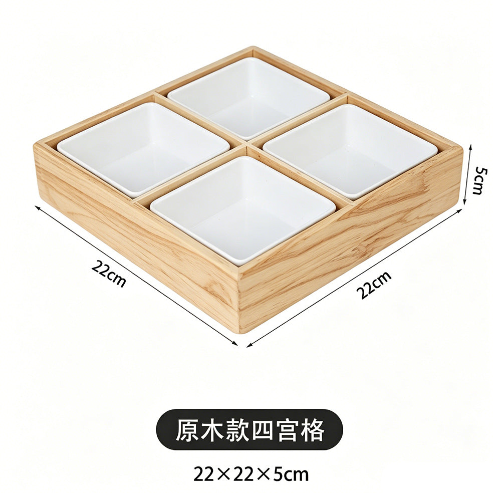 围炉煮茶分格托盘零食点心果盘水果盘中式四宫格木质九宫格干果盘Wooden four-compartment tray for boiling tea by the fire; snack tray; pastry tray; fruit platter; Chinese-style four-compartment wooden tray; nine-compartment wooden tray for dried fruit