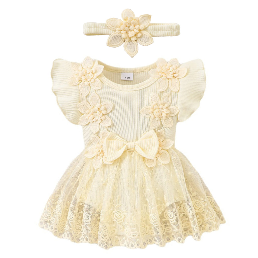 婴幼女童花朵哈衣新生儿蕾丝网纱哈裙连体衣Floral Rompers for Infants and Toddler Girls; Lace Tulle Skirt Rompers for Newborns