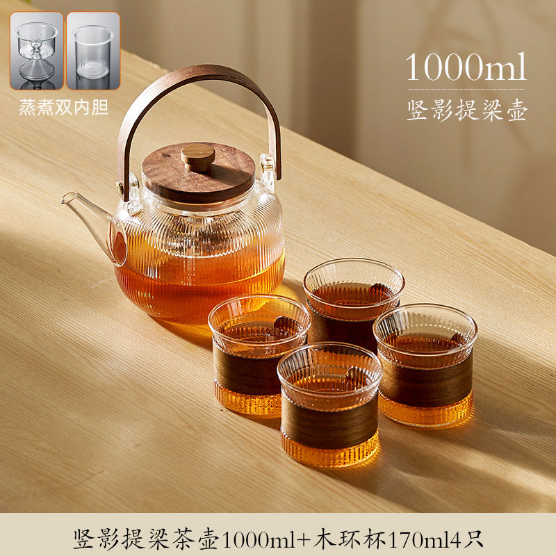 玻璃煮茶壶竖纹茶具套装电陶炉煮茶器下午围炉蒸泡白茶提梁烧水壶Glass Teapot with Vertical Stripes, Tea Set, Electric Ceramic Stove, Tea Maker, Afternoon Tea Set for Steaming and Brewing White Tea, Handle-Style Kettle