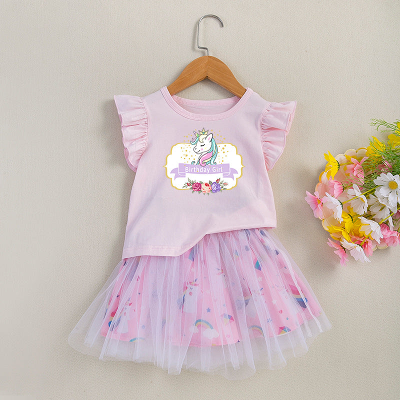 女童套装印花恐龙飞袖T恤半身公主裙2件套儿童节日礼服Girls' 2-Piece Set: Printed Dinosaur T-Shirt with Flare Sleeves and Princess Skirt—Trendy Children's Holiday Outfit