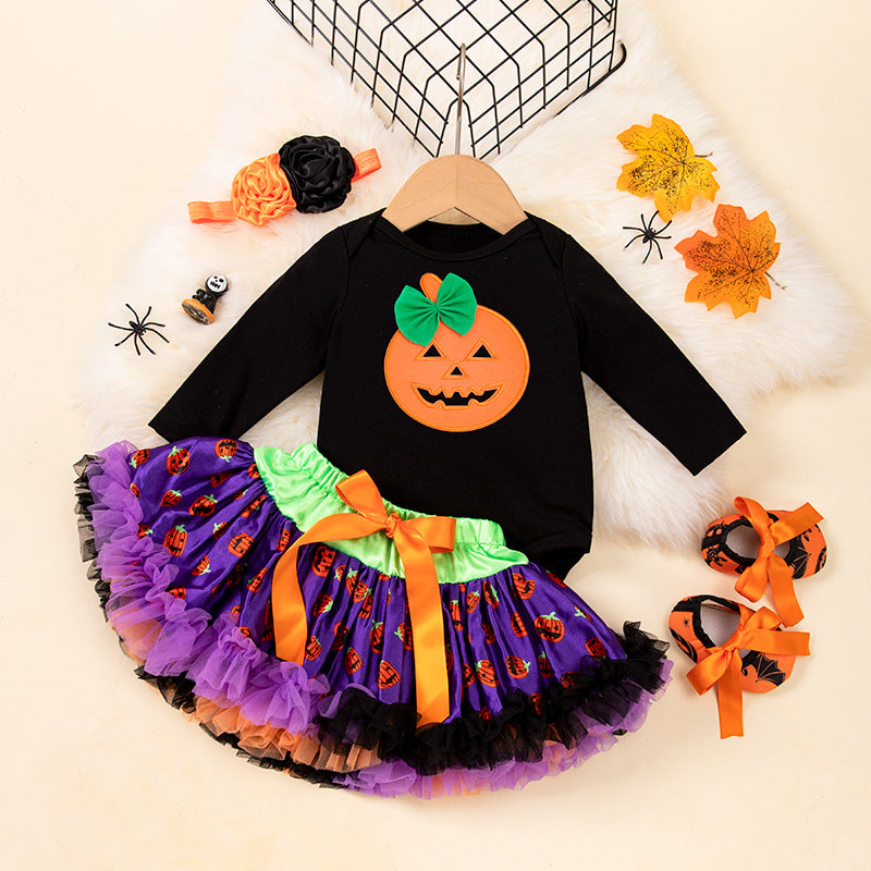 万圣节婴儿服饰女宝宝卡通南瓜长袖哈衣公主裙套装Halloween Baby Outfit for Girls: Cartoon Pumpkin Long-Sleeve Onesie and Princess Dress Set