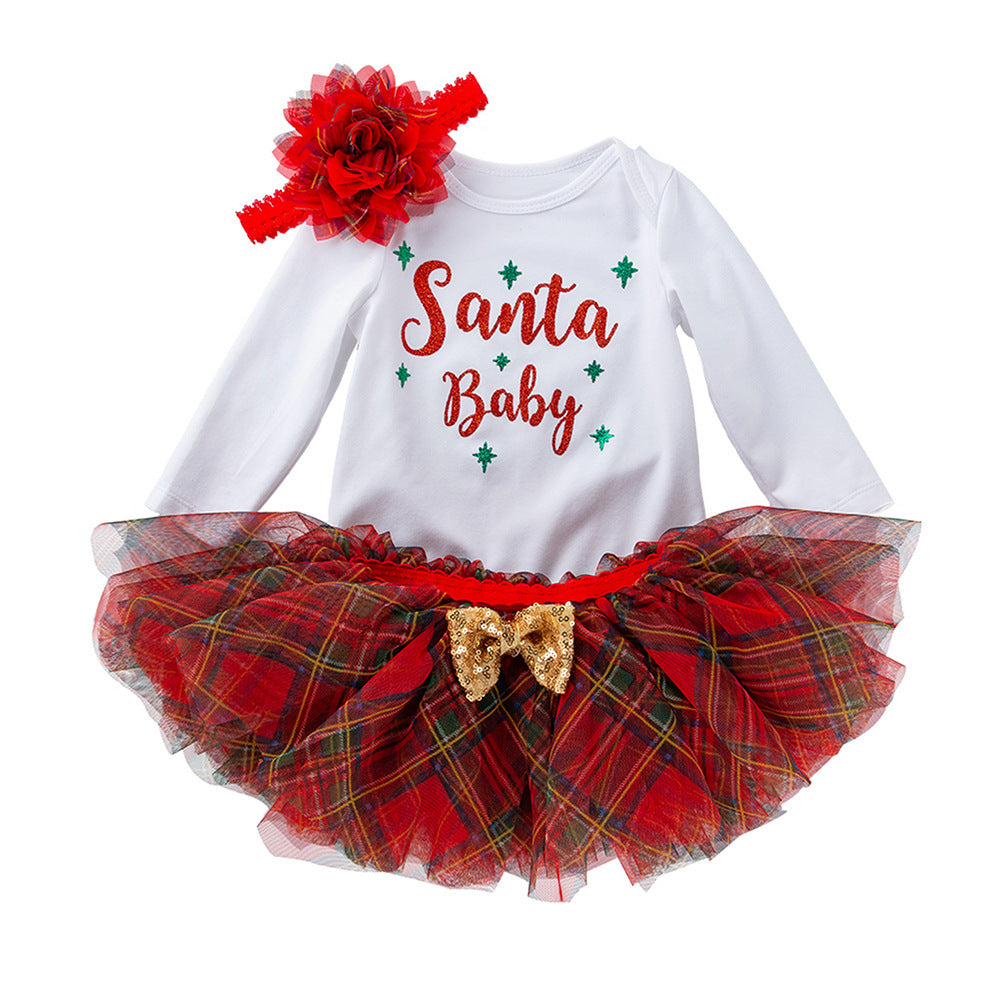 圣诞节宝宝套装婴儿秋装长袖哈衣tutu裙圣诞节日服 Christmas Baby Outfit Set: Fall Baby Clothing, Long-Sleeve Onesie, Tutu Skirt, Christmas Holiday Outfit