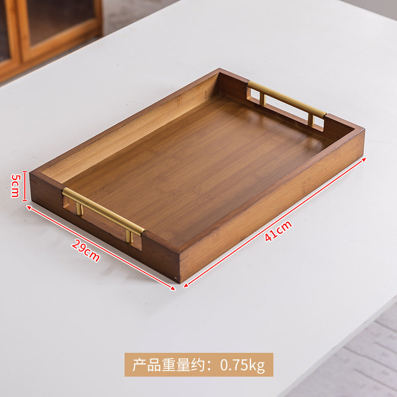 轻奢复古波浪金属提手茶盘家用竹制托盘茶杯酒店中式面包糕点盘Affordable luxury vintage-style wavy metal-handled tea tray; bamboo serving tray for home use; teacup; hotel-style Chinese-style bread and pastry tray