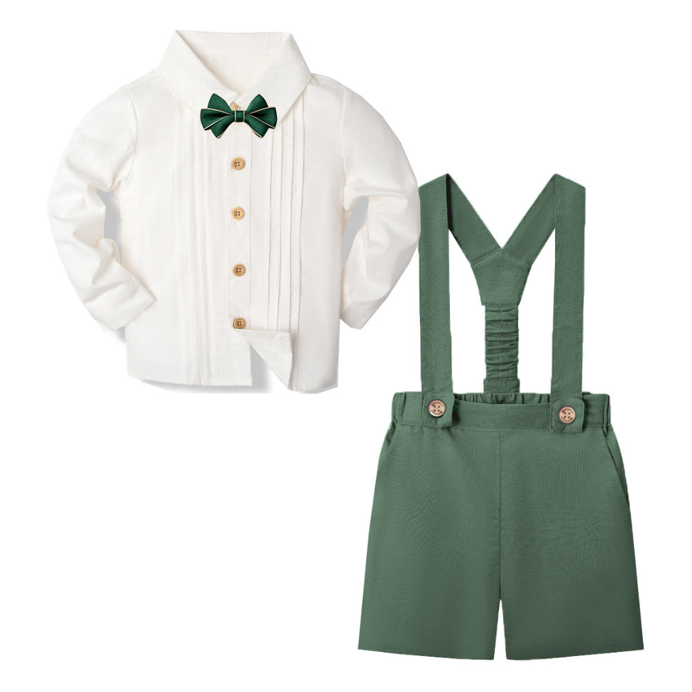 周岁男宝宝绅士礼服套装男童长袖短裤英伦生日背带裤1-Year-Old Boy's Formal Suit Set: Long-Sleeve Shirt and Shorts, British-Style Birthday Overalls