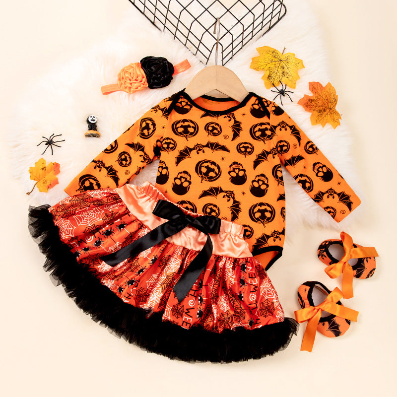 万圣节婴儿服饰女宝宝卡通南瓜长袖哈衣公主裙套装Halloween Baby Outfit for Girls: Cartoon Pumpkin Long-Sleeve Onesie and Princess Dress Set
