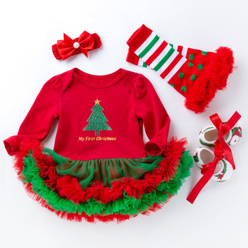圣诞节女宝宝节日装婴儿春秋长袖红绿包屁裙公主哈衣裙四件套Christmas Outfit for Baby Girls: Spring/Fall Long-Sleeve Red and Green Rompers and Princess-Style Dresses—4-Piece Set