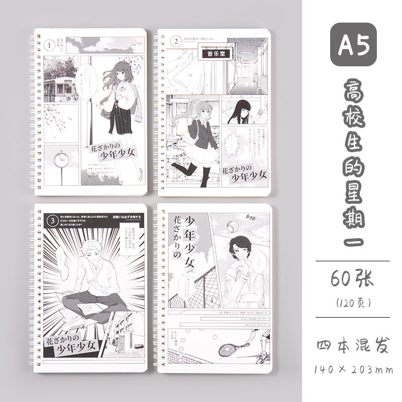 动漫油画创意A5加厚笔记本课堂笔记120页横线学生文具线圈本Anime-themed Creative A5 Thick Notebook for Class Notes, 120 Pages, Lined, Student Stationery, Spiral-bound