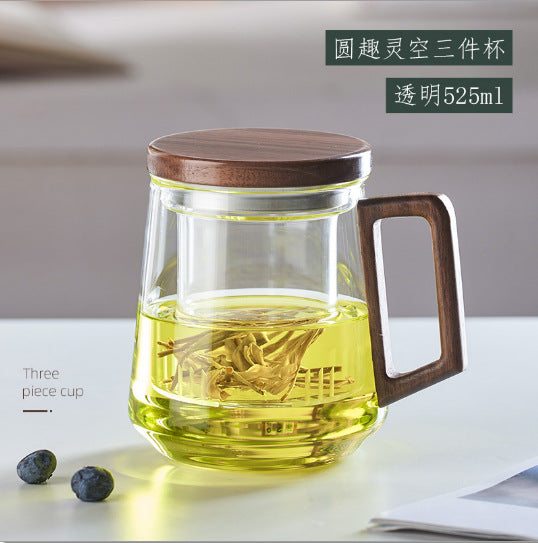 办公男士茶水分离泡茶杯 日式便携带盖带把带茶隔玻璃杯Men's Office Tea Cup with Tea-Water Separation Portable Glass Cup with Lid, Handle, and Tea Strainer
