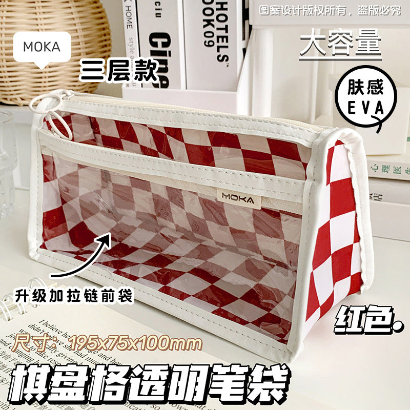 简约三层大容量笔袋ins风黑白棋盘格透明文具袋学生用考试铅笔袋Minimalist 3-Compartment Large-Capacity Pencil Case, Black-and-White Checkered Pattern, Transparent Stationery Pouch, Student Exam Pencil Case