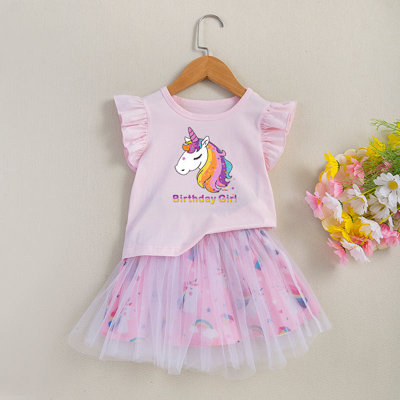 女童套装印花恐龙飞袖T恤半身公主裙2件套儿童节日礼服Girls' 2-Piece Set: Printed Dinosaur T-Shirt with Flare Sleeves and Princess Skirt—Trendy Children's Holiday Outfit