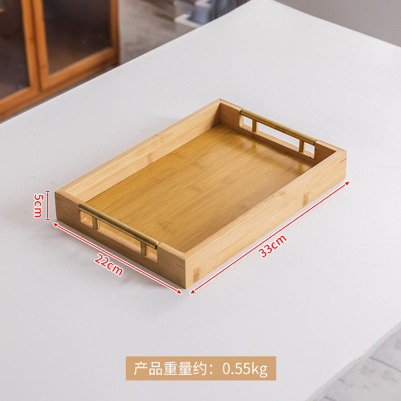 轻奢复古波浪金属提手茶盘家用竹制托盘茶杯酒店中式面包糕点盘Affordable luxury vintage-style wavy metal-handled tea tray; bamboo serving tray for home use; teacup; hotel-style Chinese-style bread and pastry tray