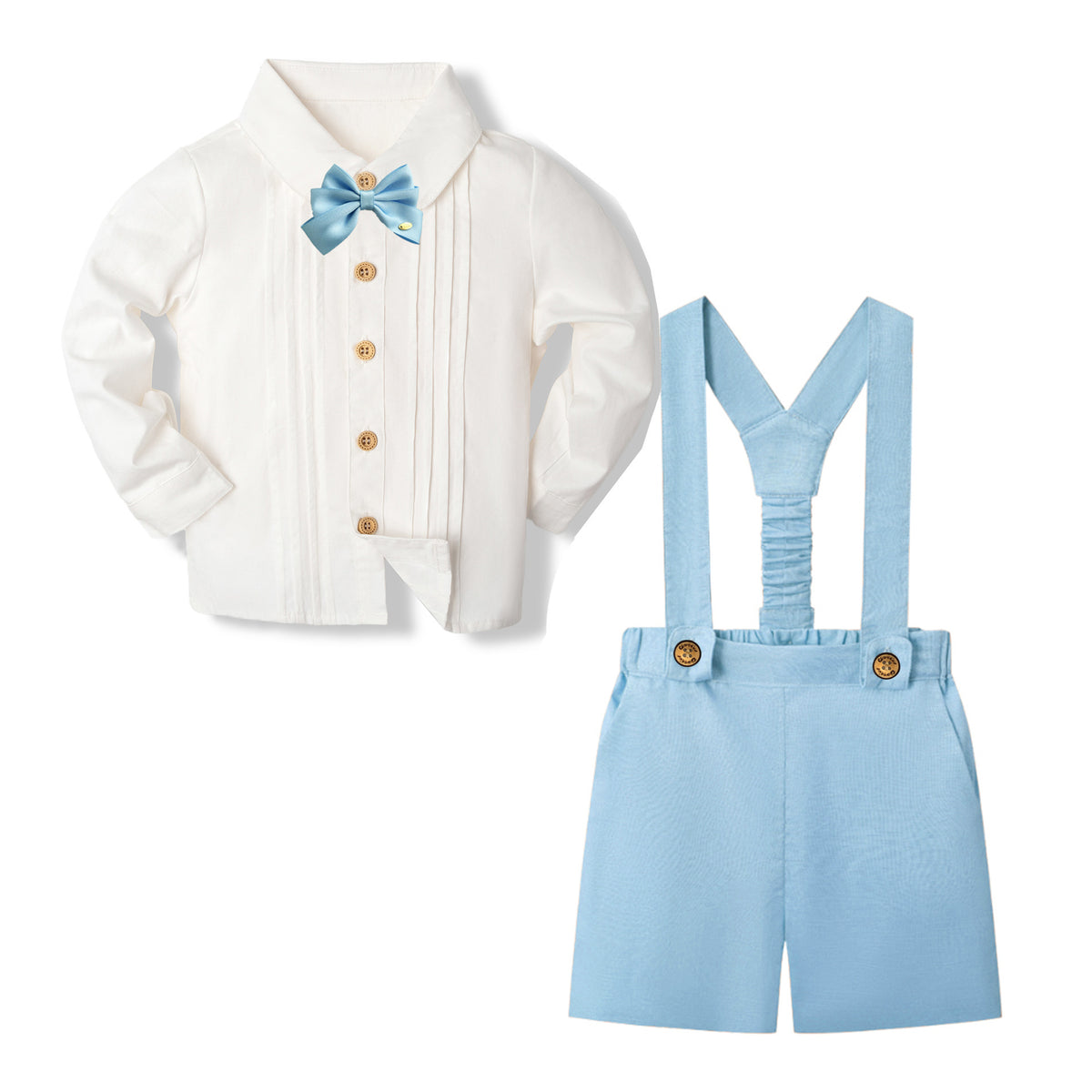 周岁男宝宝绅士礼服套装男童长袖短裤英伦生日背带裤1-Year-Old Boy's Formal Suit Set: Long-Sleeve Shirt and Shorts, British-Style Birthday Overalls