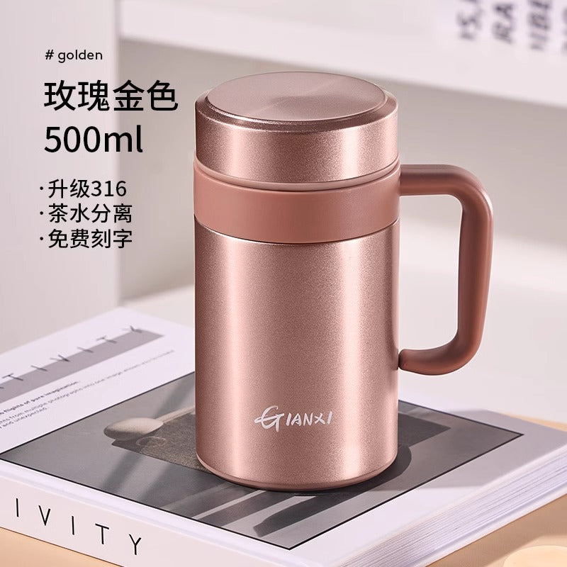 商务男办公大容量显温智能保温杯 一件代发茶水分离带把保温水杯Men's Business-Style Office Large-Capacity Smart Insulated Cup with Temperature Display—Drop Shipping Available; Tea/Water Separation Design with Handle