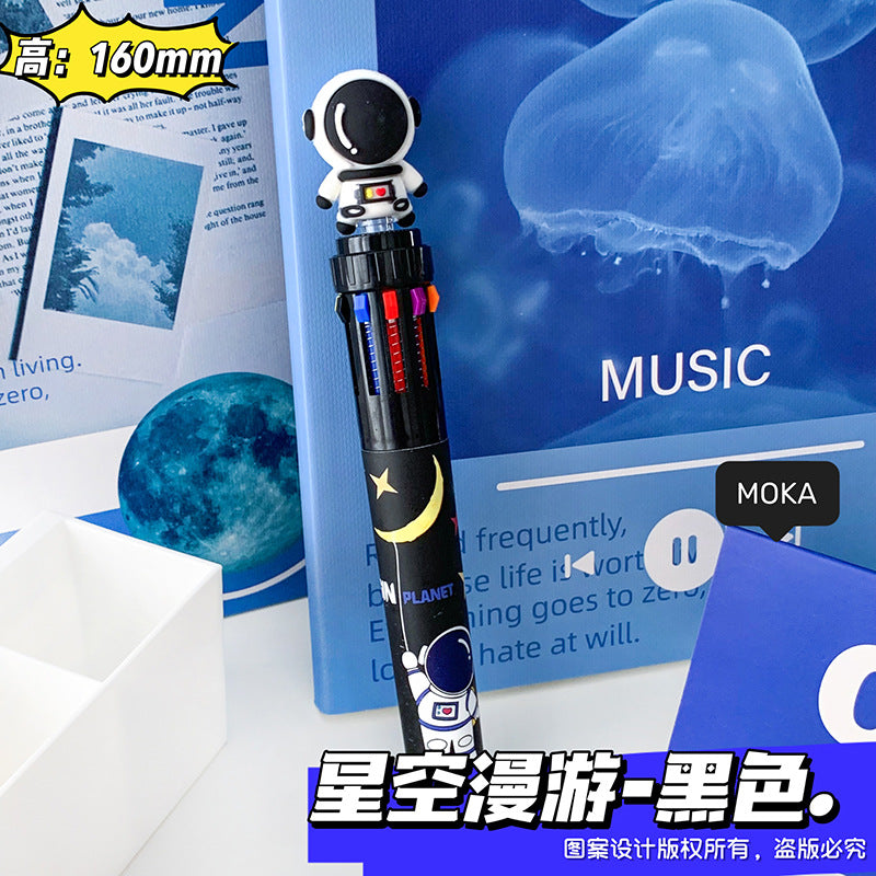 MOKA宇航员十色圆珠笔 学生手账10色笔创意太空人按动彩色多色笔MOKA Astronaut 10-Color Ballpoint Pen: Creative Astronaut-Themed Push-Button Multicolor Pen for Students and Journaling