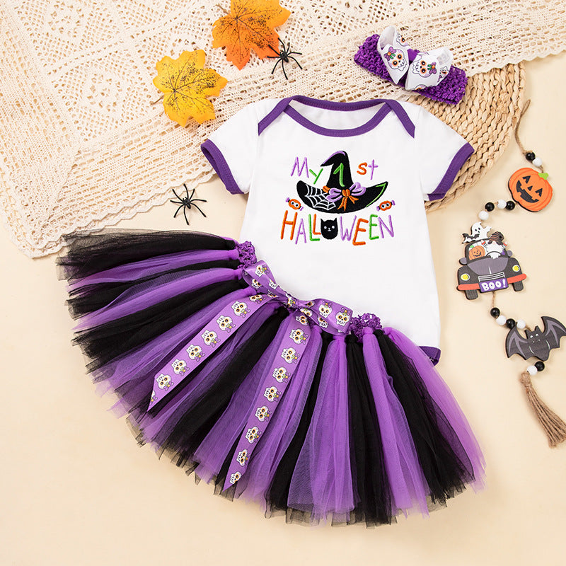 Halloween Costume: 100% Cotton Short-Sleeve Embroidered Witch Hat, Pumpkin Onesie, and Bow Handmade Skirt SetHalloween Costume: Short-Sleeve Embroidered Witch Hat, Pumpkin Onesie, and Bow Handmade Skirt Set
