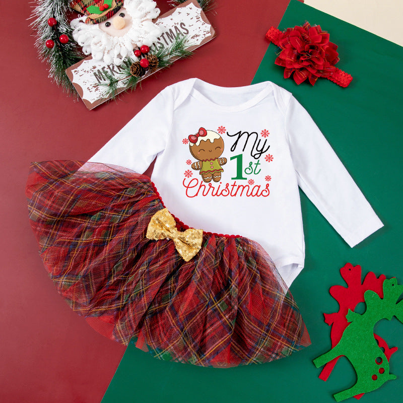 圣诞节宝宝套装婴儿秋装长袖哈衣tutu裙圣诞节日服 Christmas Baby Outfit Set: Fall Baby Clothing, Long-Sleeve Onesie, Tutu Skirt, Christmas Holiday Outfit