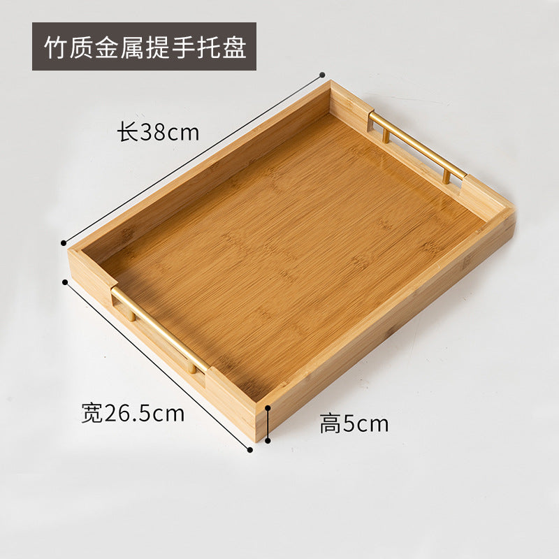 定制长方形竹木制托盘家用面包水果圆形托盘酒店茶水金属双耳托盘