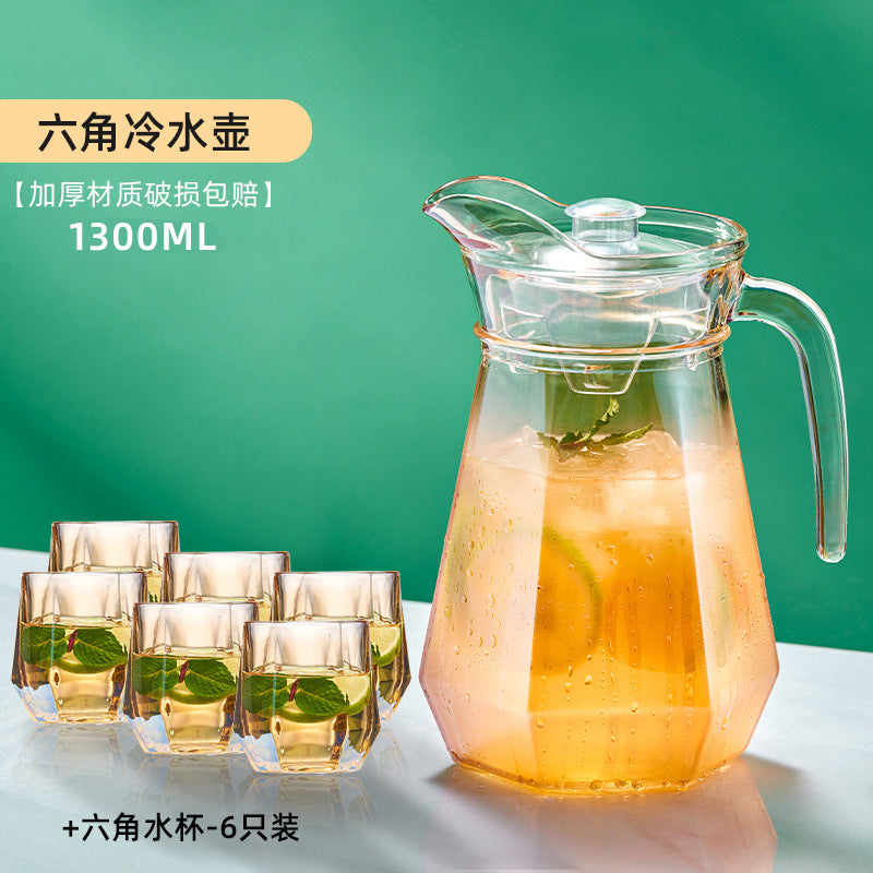 家用鸭嘴式大容量玻璃冷水壶套装 夏季凉白开六角大口径泡茶水壶Home Use Large-Capacity Glass Water Jug Set with Duckbill Spout—Hexagonal Wide-Mouth Teapot for Chilled Water and Tea in Summer