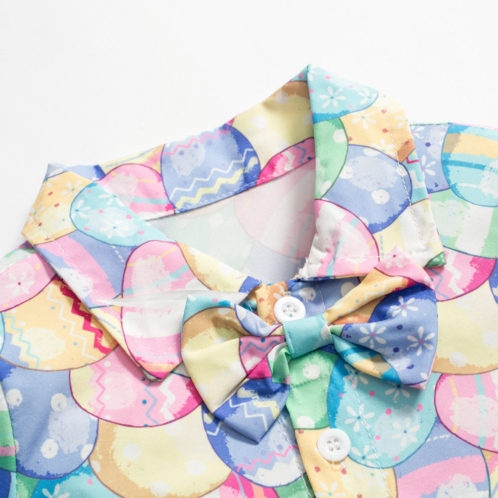男宝宝童装批发复活节彩蛋节日男童短袖短裤多件套Wholesale Boys' Clothing: Easter Egg-Themed Festive Short-Sleeve Shirts and Shorts Sets