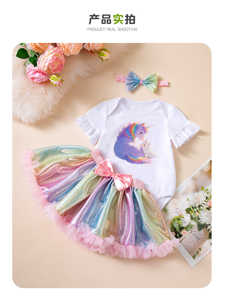 女宝宝婴儿生日派对套装独角兽哈衣彩虹半身裙发带Baby Girl Birthday Party Set: Unicorn Onesie, Rainbow Skirt, and Headband