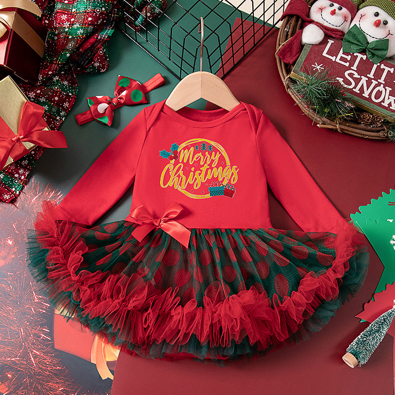 圣诞节秋冬女宝宝婴幼儿童长袖哈衣裙发饰两件套Christmas Fall/Winter Two-Piece Set for Baby Girls and Young Kids: Long-Sleeve Onesie Dress and Hair Accessory