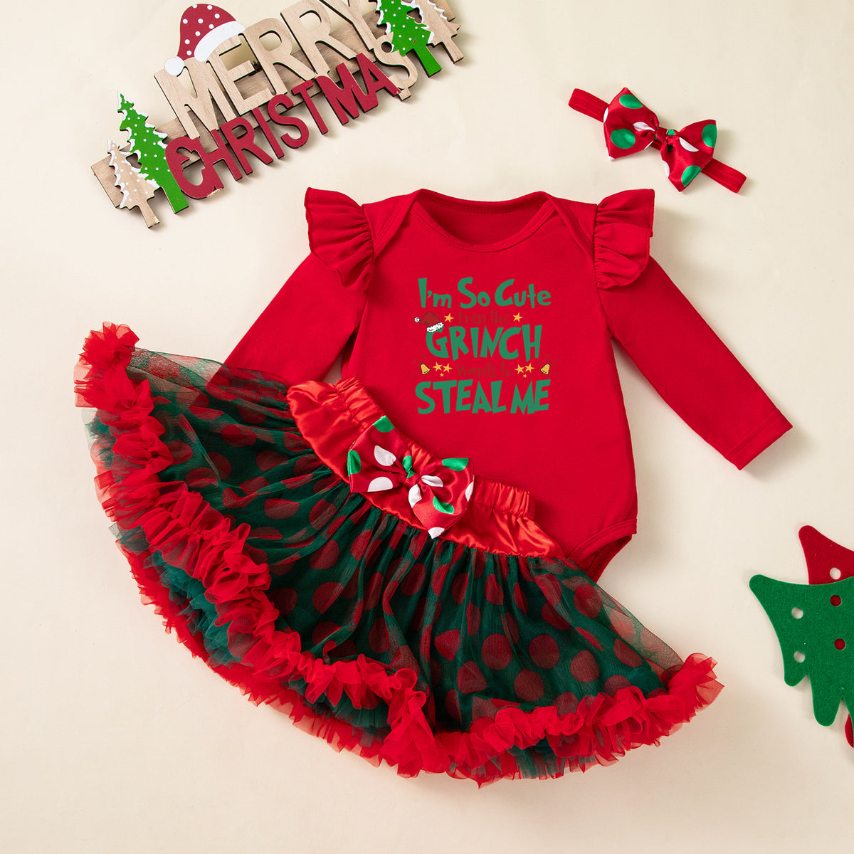 女宝宝圣诞节裙套装长袖哈衣半身裙发饰3件套婴童派对服Baby Girl Christmas Dress Set: Long-Sleeve Onesie, Skirt, and Hair Accessory—3-Piece Baby & Toddler Party Outfit