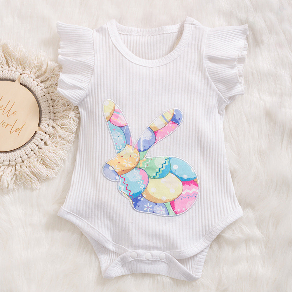 Easter女童飞袖哈衣兔子彩蛋PP裤Easter Girls' Ruffled-Sleeve Hoodie with Rabbit and Easter Egg Print, PP Pants