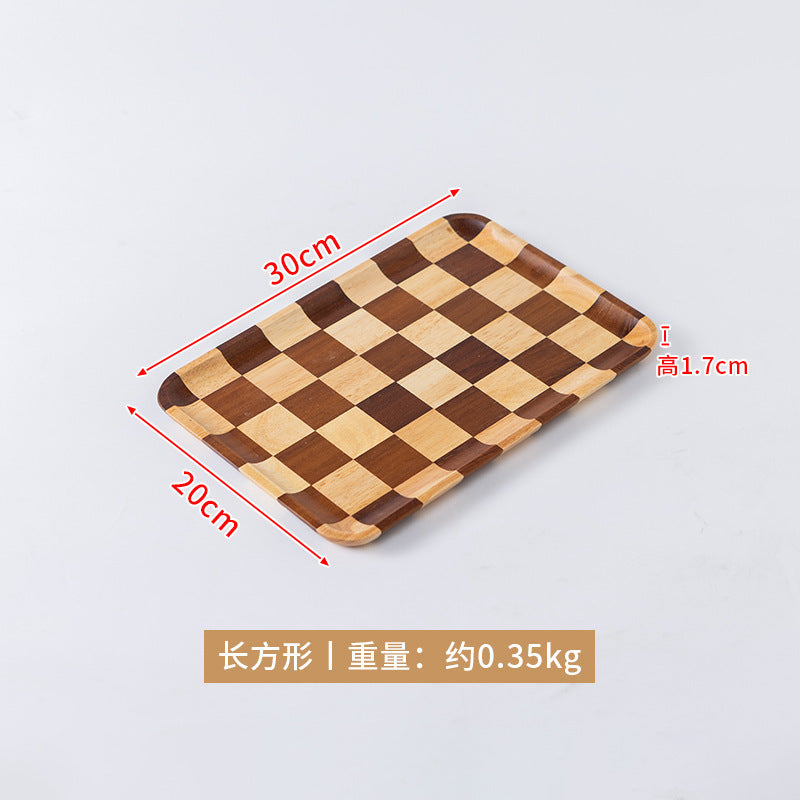 新款棋盘格木质托盘家用轻奢甜品面包西餐盘相思木质茶盘批发New Checkered Wooden Trays: Light Luxury Dessert, Bread and Western-Style Dinner Plates for Home Use; Acacia Wooden Tea Trays – Wholesale