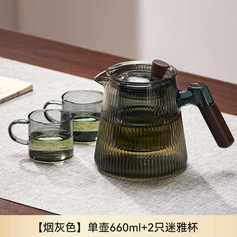 捷安玺竖纹玻璃茶壶新款家用待客木把煮茶壶高硼硅耐热玻璃泡茶壶Vertical-Striped Glass Teapot Home and Guest-Friendly Wooden-Handle Teapot, High-Borosilicate Heat-Resistant Glass Teapot
