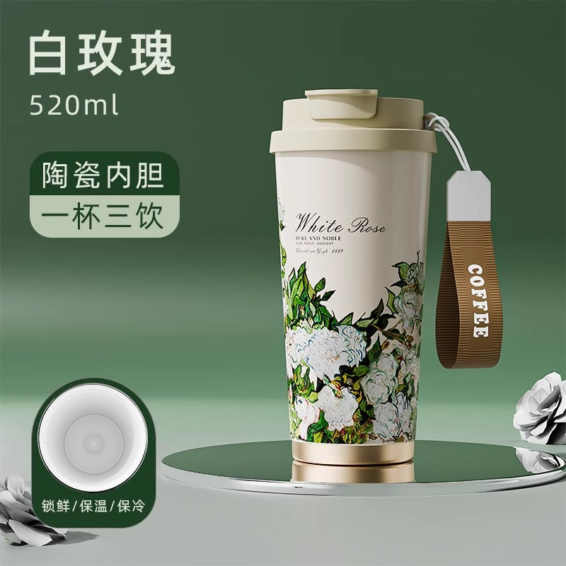 保温杯女生高颜值小清新喷陶内胆咖啡杯子 便携随行吸管水杯Stylish, Fresh-Looking Insulated Coffee Mug for Women with a Glazed Ceramic Liner—Portable Travel Mug with Straw