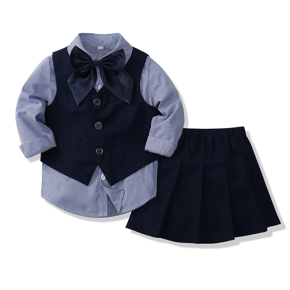 学院风兄妹装开衫正装男女童条纹短袖衬衣演出服毕业校服