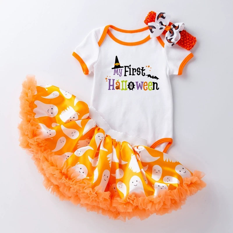 万圣节主题宝宝派对礼服短袖哈衣半身裙发饰3件婴儿套装Halloween-Themed Baby Party Outfit: Short-Sleeve Onesie, Skirt, and Hair Accessory—3-Piece Baby Set