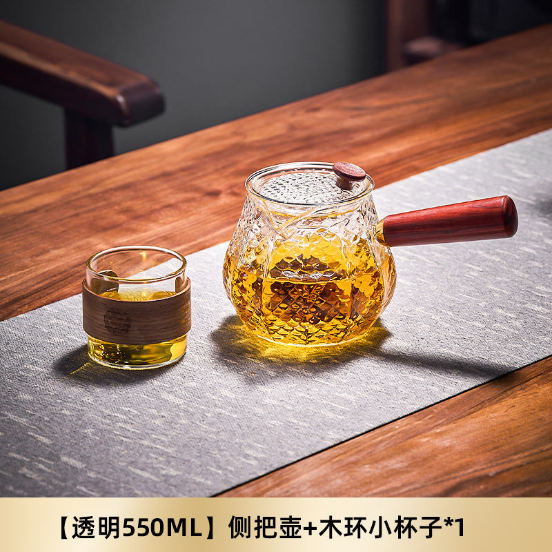 捷安玺实木侧把泡茶壶茶水分离茶壶高硼硅煮泡两用玻璃锤纹壶Solid Wood Side-Handle Tea Pot with Separate Tea and Water Compartments; High-Borosilicate Glass Tea Pot for Both Steeping and Boiling with Hammered Texture