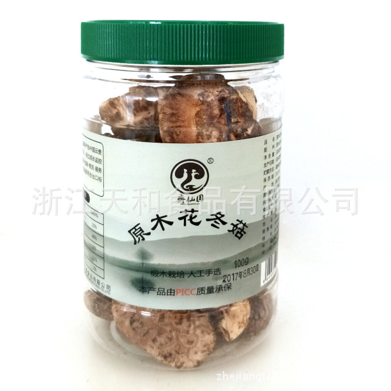 厂家供应100g罐装原木花冬菇批发礼品食用菌土特产Manufacturer supplies 100g tins of whole wood-grown winter mushrooms for wholesale, as gifts, edible fungi and local specialities