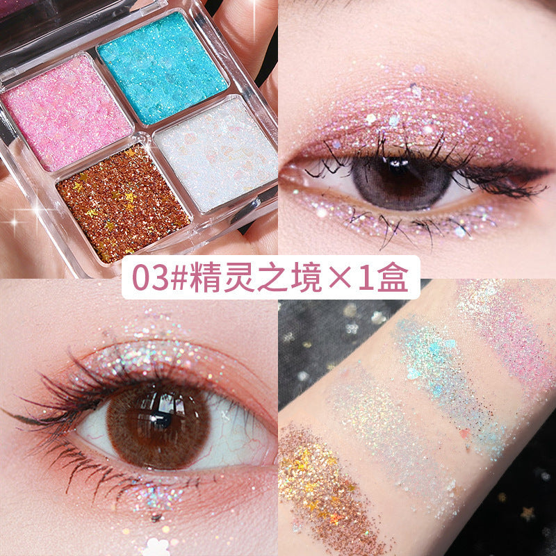 四色眼影盘粉棕烟熏盘大地哑光珠光爆闪便携舞台妆儿童六一Four-colour eyeshadow palette: powdery brown smoky eyes, earthy tones, matt, pearlescent and glittery finishes; portable for stage make-up; for children’s Children’s Day