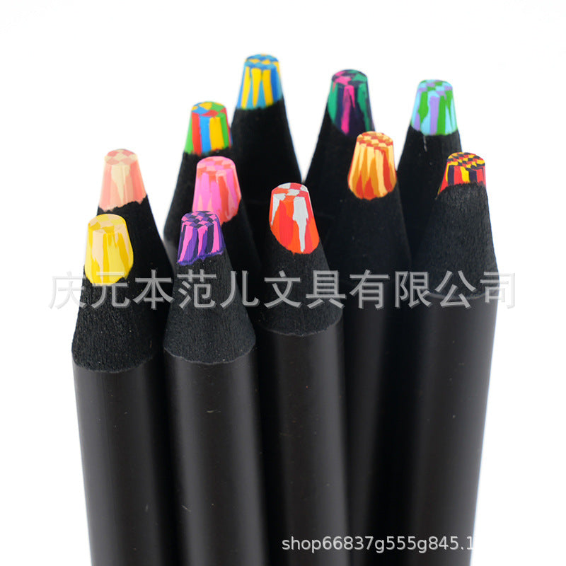 跨境爆款12支黑木粗杆乱色芯套装油性彩色铅笔涂鸦Cross-border bestseller: 12-piece set of black wooden, thick-barreled, assorted-colour-core oil-based coloured pencils for doodling