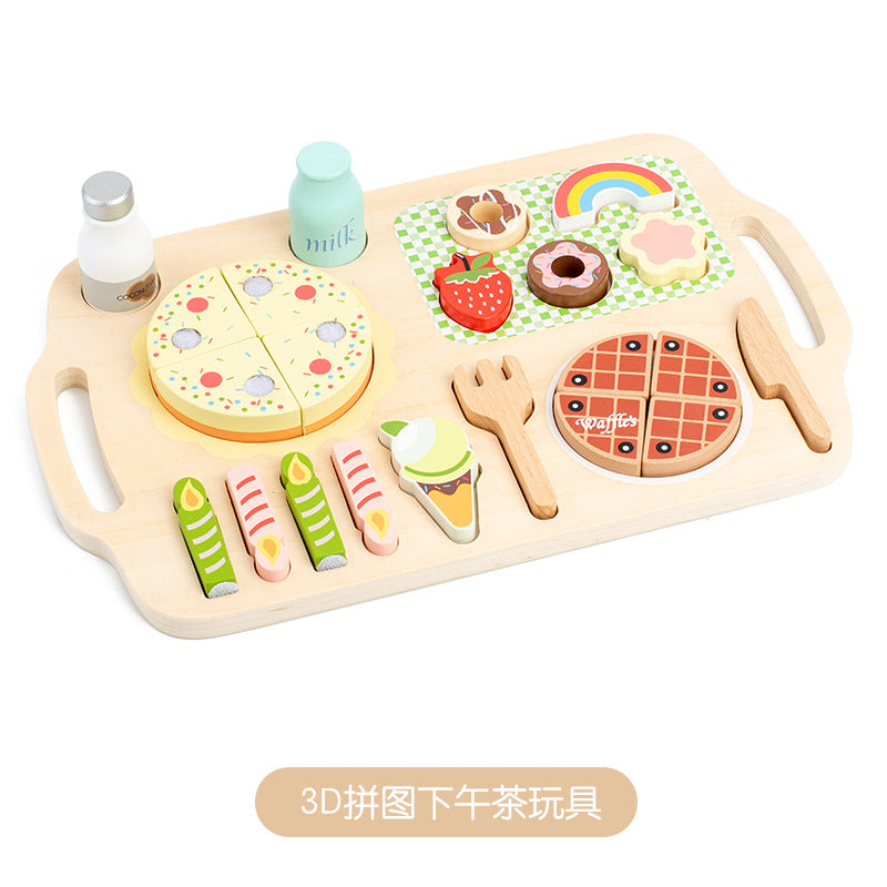 儿童木制3D下午茶点心厨房烧烤切切乐过家家立体食物拼图早教玩具Children’s Wooden 3D Afternoon Tea Snack Kitchen Barbecue Chopping Fun Pretend Play 3D Food Puzzle Early Learning Toy