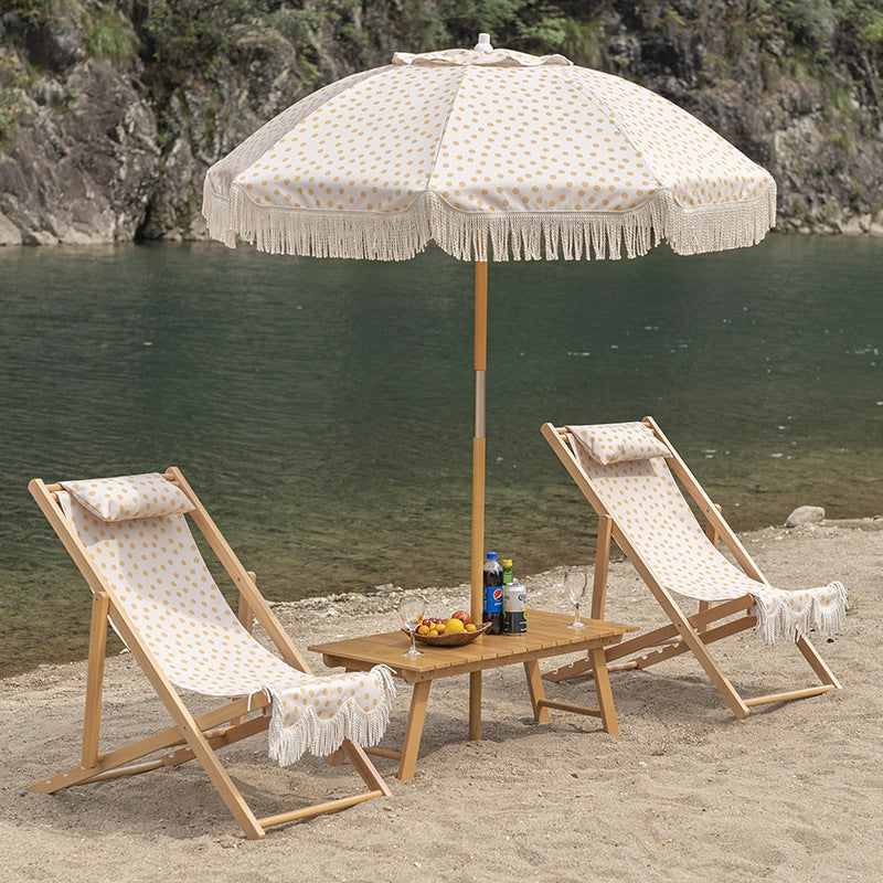 流苏沙滩伞+流苏躺椅x2+榉木折叠桌4件套4-Piece Set: Tassel Beach Umbrella + 2 Tassel Lounge Chairs + Beech Wood Folding Table