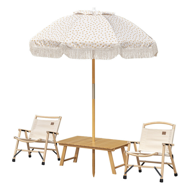 流苏沙滩伞+克米特椅卡其x2+榉木折叠桌4件套 Tassel Beach Umbrella + 2 Khaki Kermit Chairs + Beech Wood Folding Table 4-Piece Set