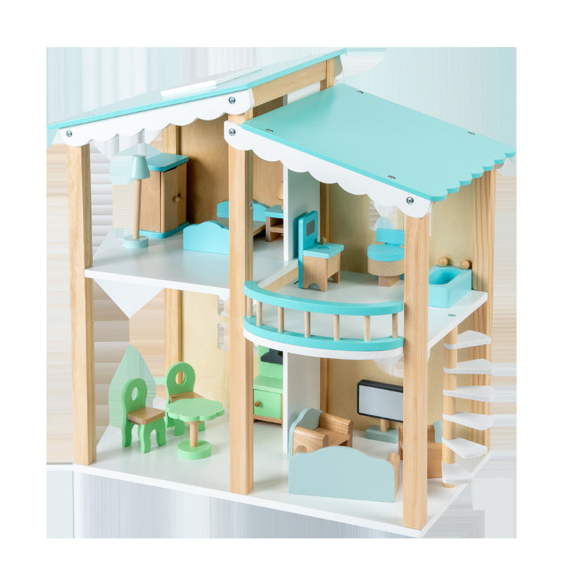 儿童木制蓝色娃娃房过家家宝宝仿真DIY场景拼装别墅迷你家具玩具Children’s Wooden Blue Doll’s House – Pretend Play Baby-Style Realistic DIY Scene Assembly Villa with Miniature Furniture Toys