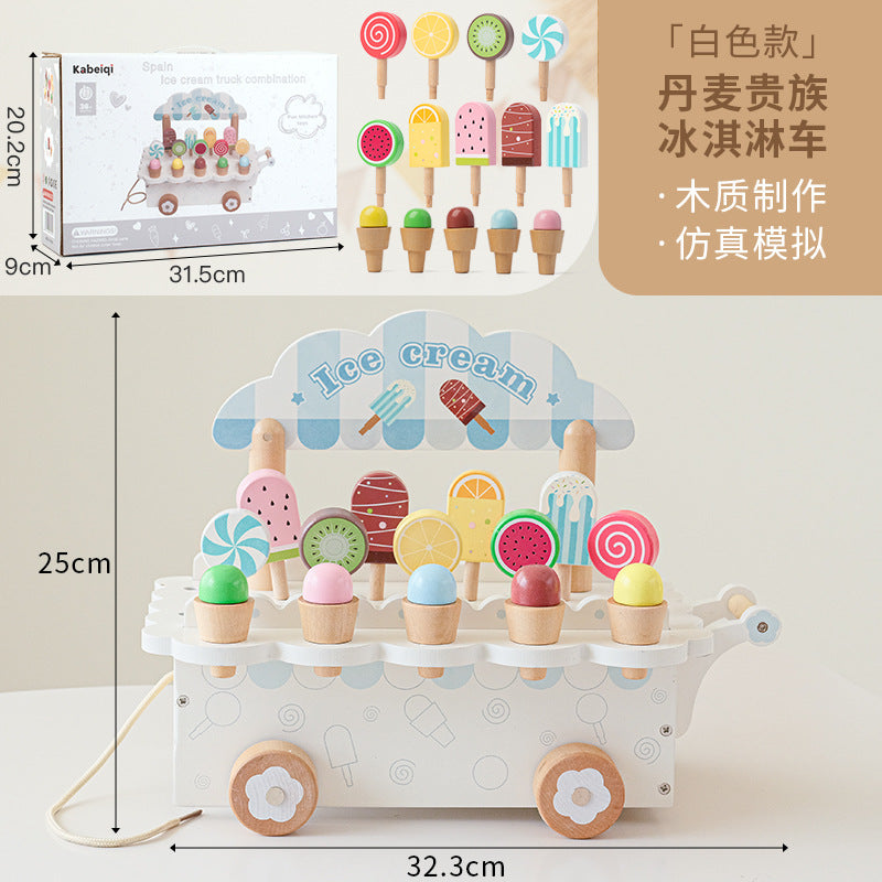 儿童木质冰淇淋售卖宝宝仿真雪糕丹麦贵族冰淇淋车益智过家家玩具Children’s Wooden Ice Cream Stall – Baby-sized Realistic Ice Creams – Danish Aristocratic Ice Cream Van – Educational Pretend Play Toy