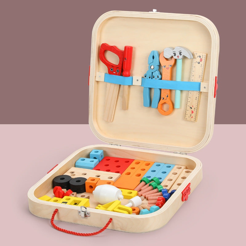 儿童工具箱仿真拧螺丝拆装螺母DIY多功能木制男孩过家家益智玩具Children’s Toolbox: Simulated Screw-Tightening and Nut-Removal DIY Multifunctional Wooden Pretend Play Educational Toy for Boys