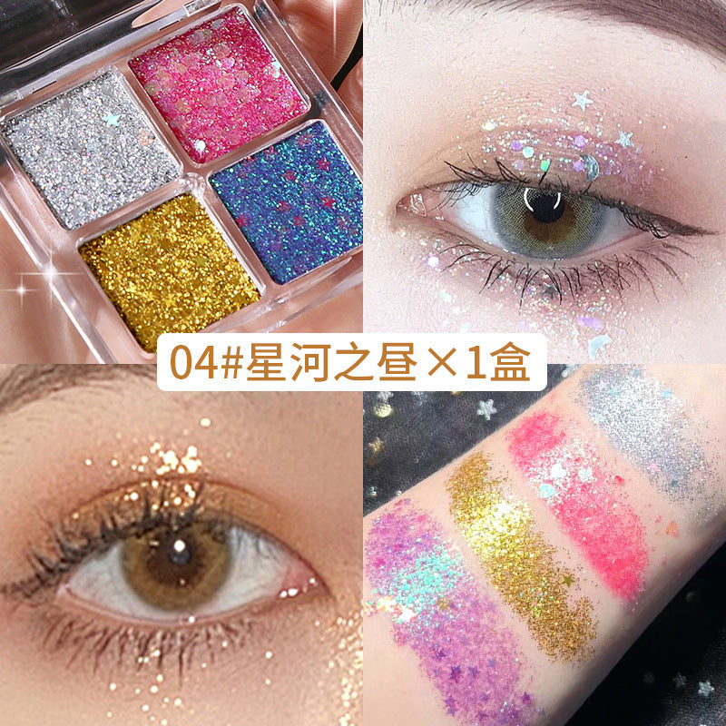 四色眼影盘粉棕烟熏盘大地哑光珠光爆闪便携舞台妆儿童六一Four-colour eyeshadow palette: powdery brown smoky eyes, earthy tones, matt, pearlescent and glittery finishes; portable for stage make-up; for children’s Children’s Day