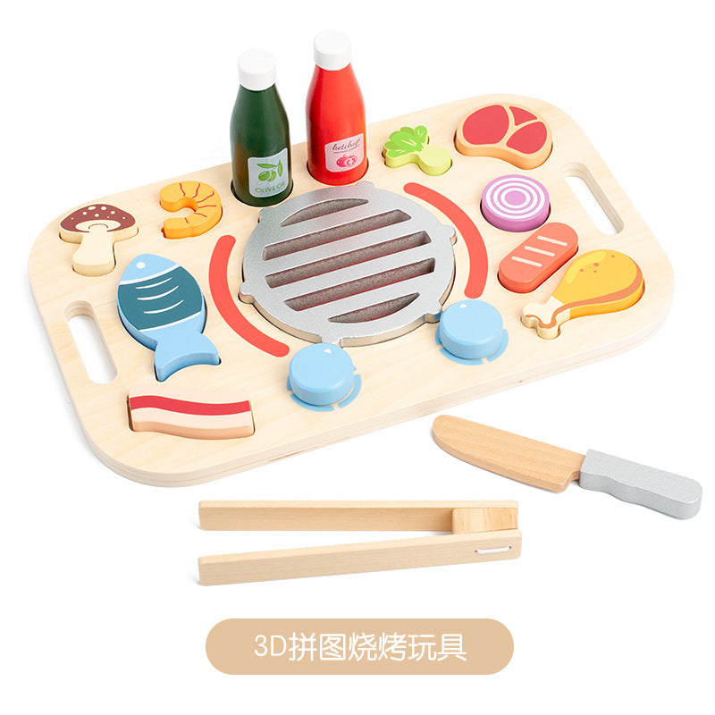 儿童木制3D下午茶点心厨房烧烤切切乐过家家立体食物拼图早教玩具Children’s Wooden 3D Afternoon Tea Snack Kitchen Barbecue Chopping Fun Pretend Play 3D Food Puzzle Early Learning Toy