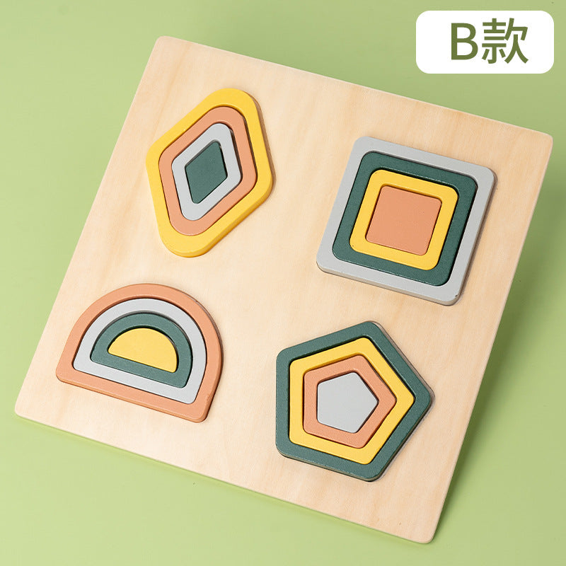 木制儿童益智趣味几何形状嵌板拼图游戏早教基础抓握桌面玩具Wooden Educational and Fun Geometric Shape Puzzle Game for Children – Early Learning Basic Grasping Tabletop Toy