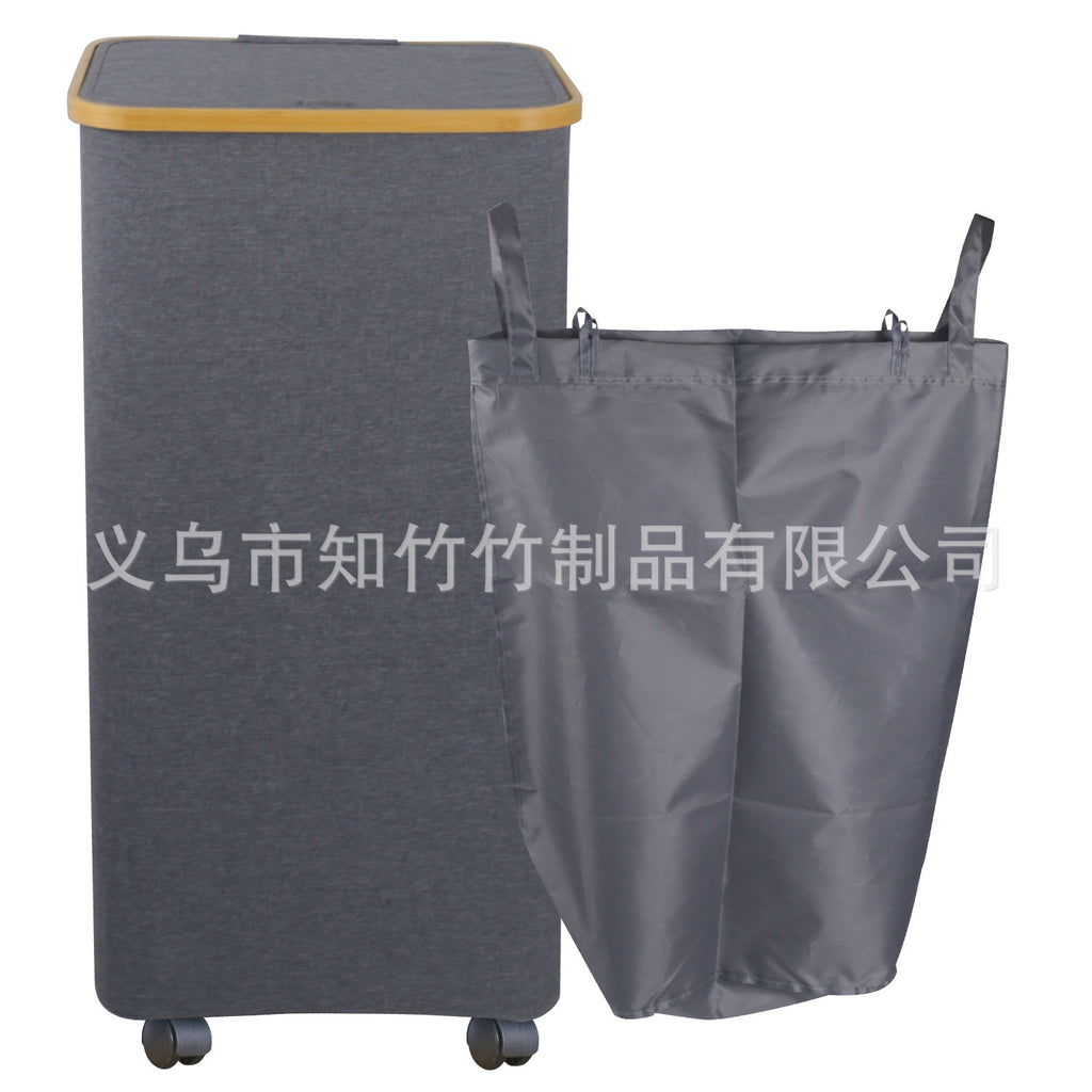 跨境脏衣篮卧室配内袋带盖可折叠竹木脏衣服收纳筐浴室脏衣篓衣物Cross-border laundry basket for the bedroom, with inner bag, lid and foldable bamboo and wood design; bathroom laundry basket for clothes