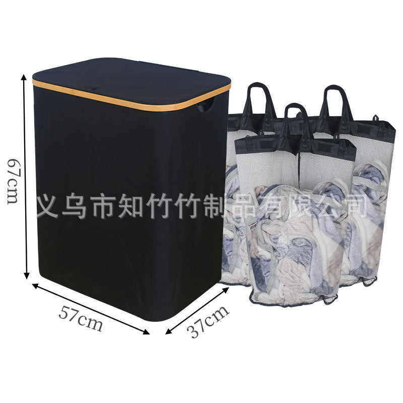 跨境脏衣篮卧室配内袋带盖可折叠竹木脏衣服收纳筐浴室脏衣篓衣物Cross-border laundry basket for the bedroom, with inner bag, lid and foldable bamboo and wood design; bathroom laundry basket for clothes