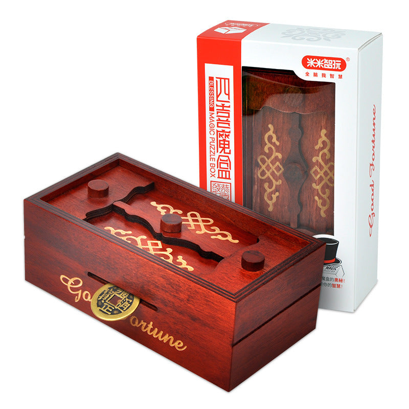 四喜魔盒创意解锁玩具 木质机关储存盒 减压解锁解套‘Four Joys Magic Box’ Creative Puzzle Toy – Wooden Mechanical Storage Box for Stress Relief, Puzzle-Solving and Unlocking