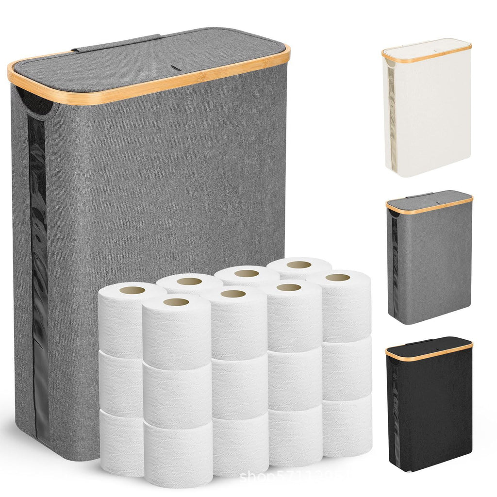 厕纸储存篮带盖50L纸卷收纳箱可透视整理器大容量收纳竹制Toilet roll storage basket with lid, 50L roll organiser, see-through, large-capacity, bamboo