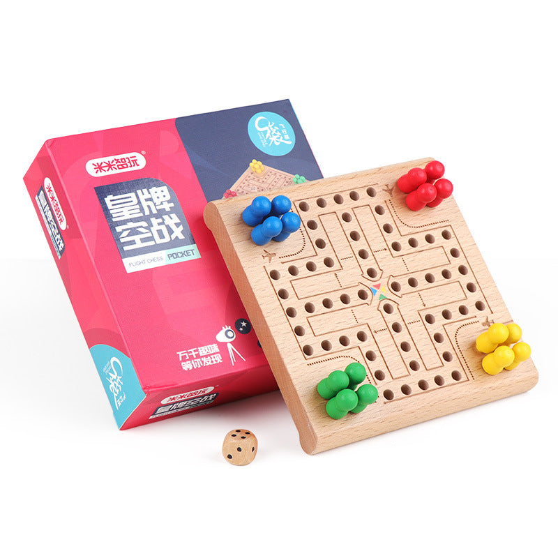 木制棋盘口袋棋系列飞行棋、对角跳棋、九子棋、单身贵族小棋盘Wooden Board Game Pocket Set: Air Chess, Diagonal Checkers, Nine Men’s Morris, and ‘Single Noble’ Mini Board Game
